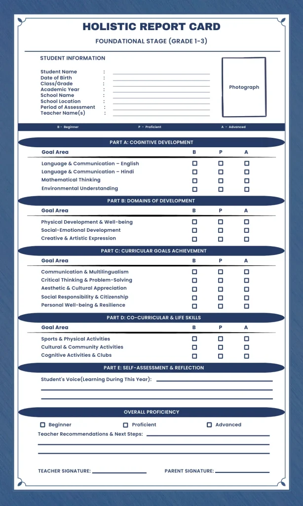 Holistic Report Card Template for Foundational Stage for Grade 1-3