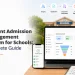 Student admission management system dashboard on a laptop and mobile screen showing enquiry, application, verification, fee payment and enrolment steps.