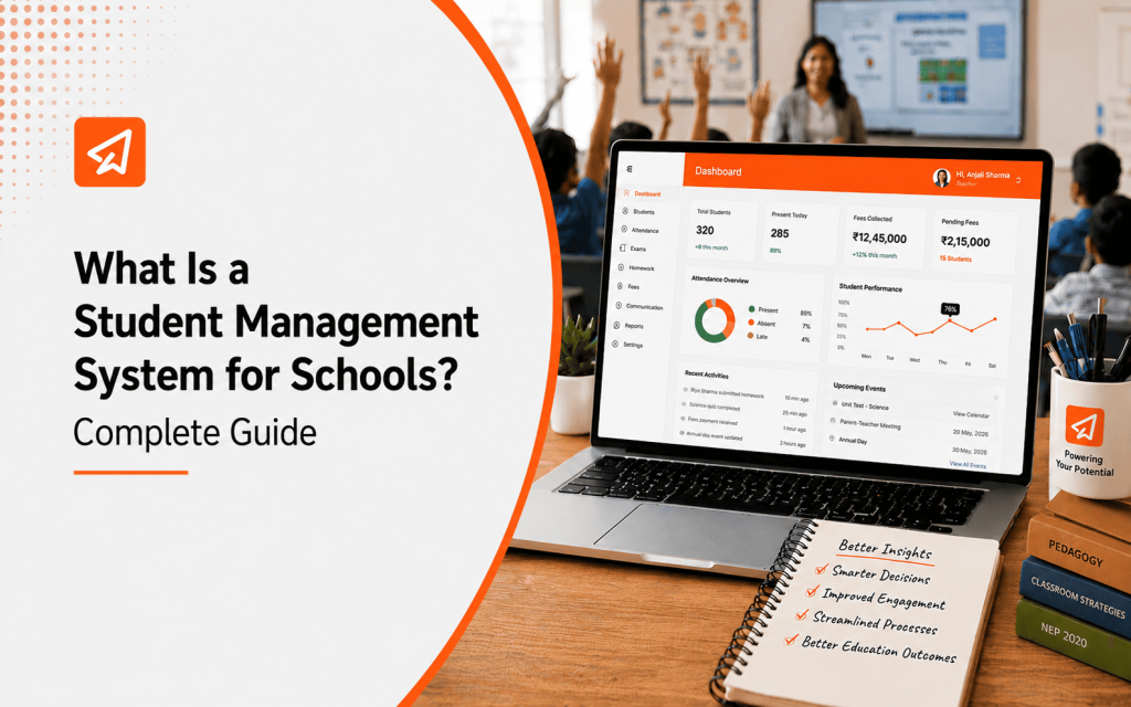 Student management system for schools complete guide, showing an Extramarks dashboard with student attendance, fees, performance analytics and school administration insights.