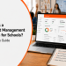 Student management system dashboard on a laptop in a classroom, with guide title for schools and student insights.